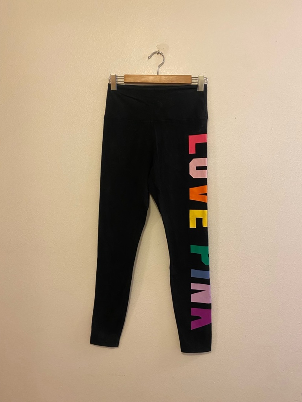 Victoria's Secret Black Leggings with Rainbow LOVE PINK Side Logo